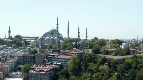 Mosque-on-Hill-in-Istanbul-City-Center-with-Clear-Blue-Sky-and-Seagulls-passing-frame,-Slow-Aerial-dolly-right