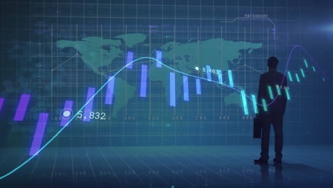 animation of financial data processing over businessman and world map on dark background