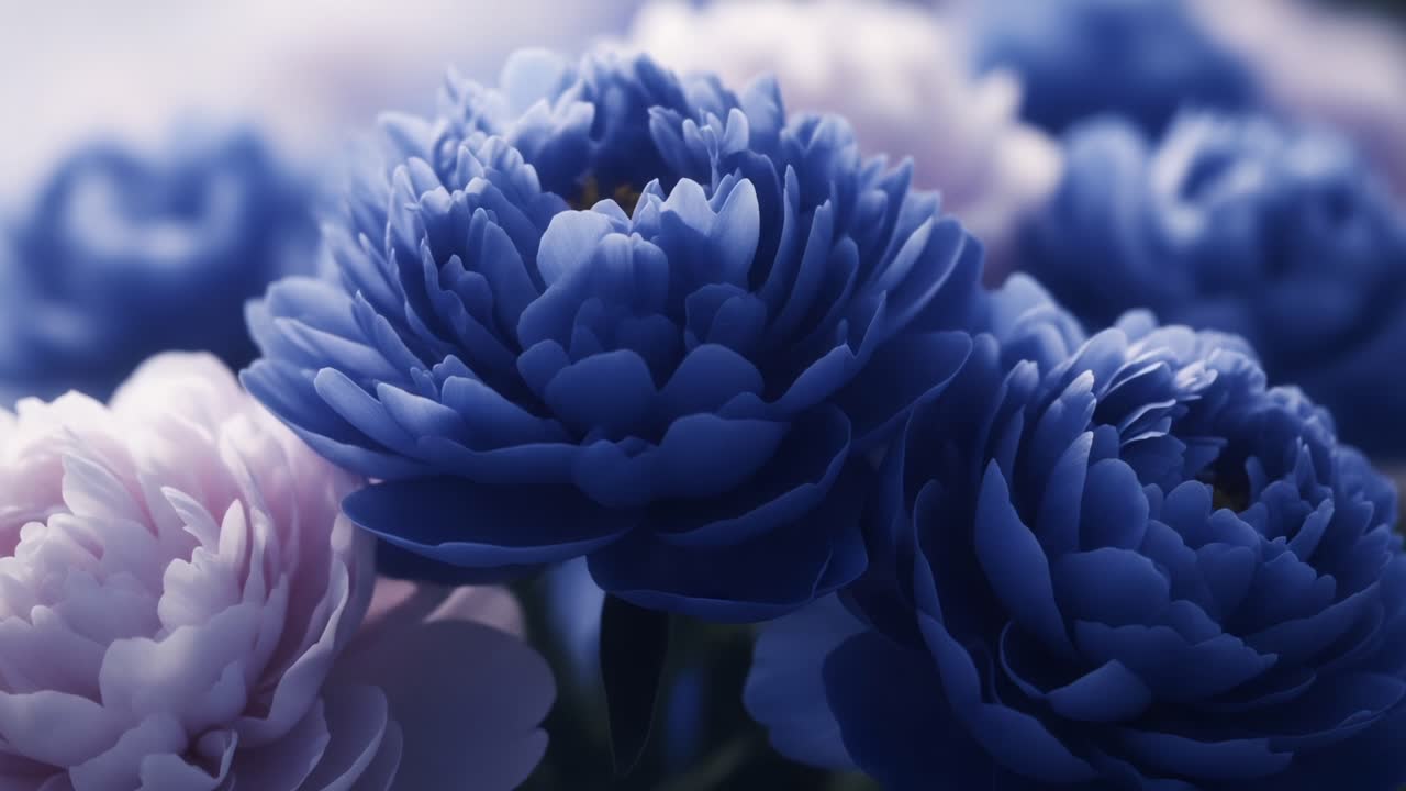 A Beautiful Arrangement of Lush Blue and Pink Flowers in Soft Focus, Portraying the Delicate Beauty and Elegance of Nature's Floral Palette