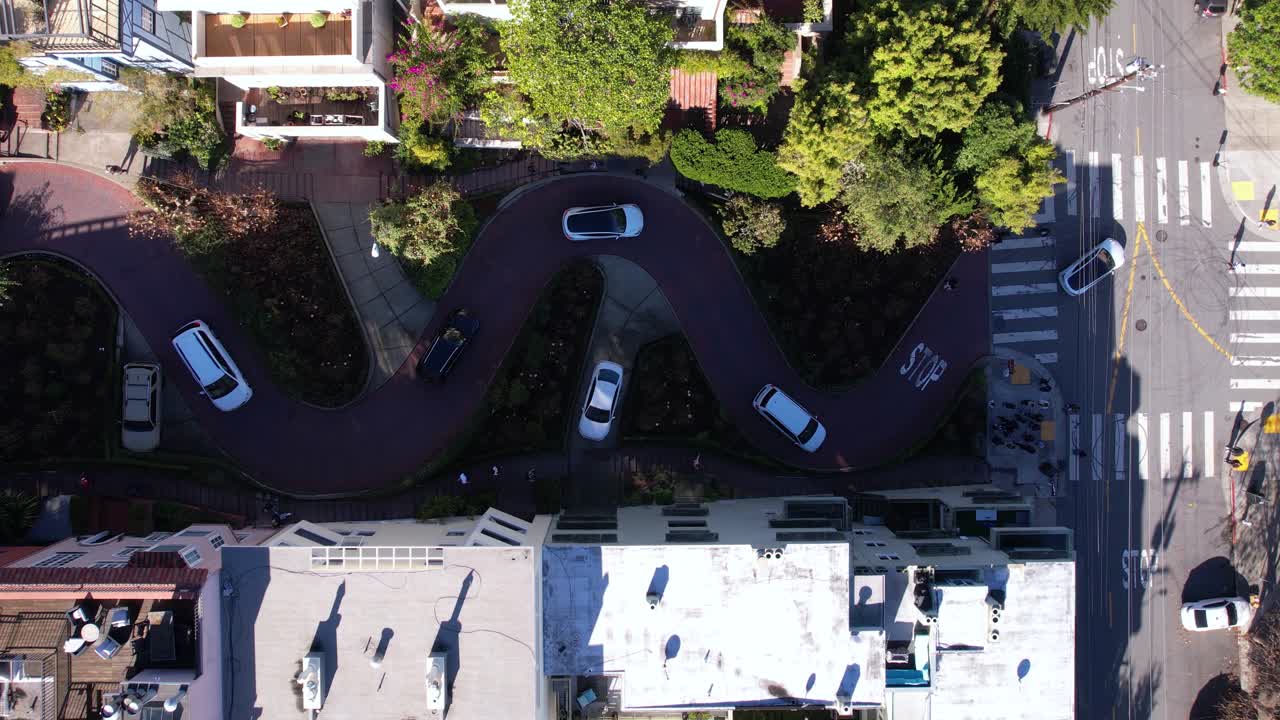 Lombard Street, San Francisco, California USA. Birdseye Aerial View of Famous Curvy Road, Drone Shot