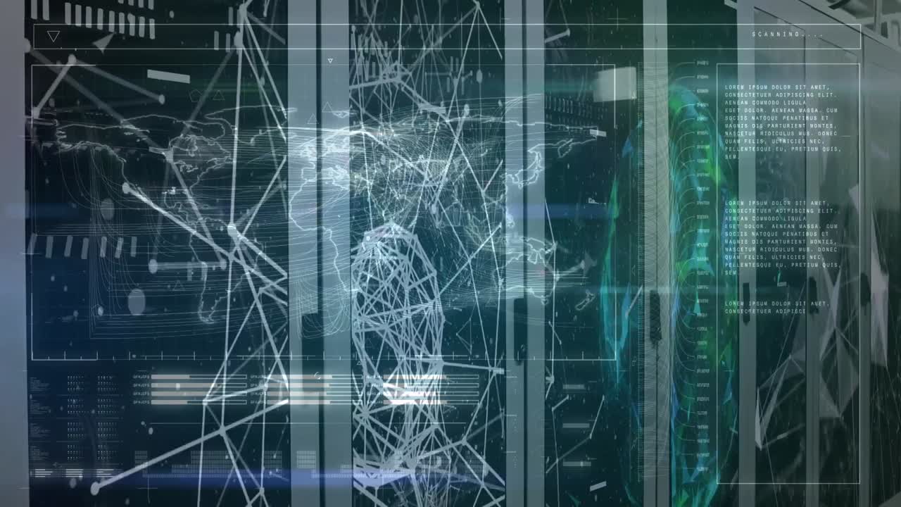 Animation of globe and data processing over server room