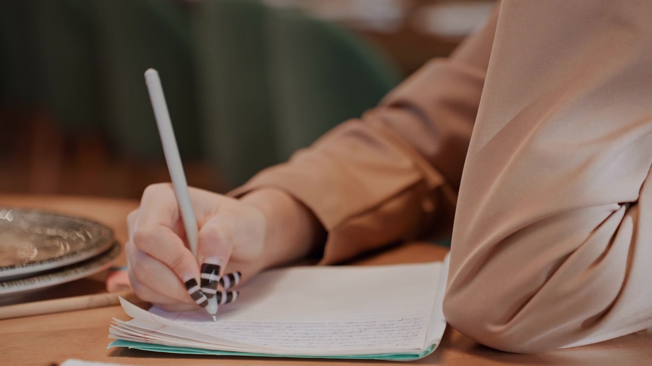 Closeup hand writing notebook, cozy cafe aesthetic, beige sleeve, patterned manicure, ceramic plate beside pages, soft bokeh background, focused study vibe, pen strokes and handwritten notes