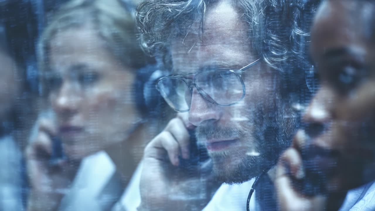 Focused Team of Professionals Engaged in Deep Listening and Analysis in a High-Stakes Environment, Demonstrating Concentration and Coordination Among Colleagues