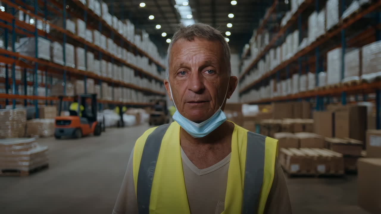 Warehouse Worker with Face Mask and Safety Vest