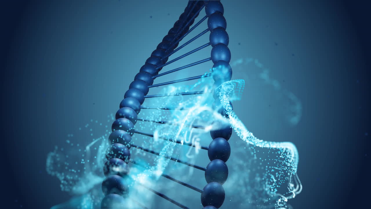 Animation of dna strand and mesh of glowing spots on dark background