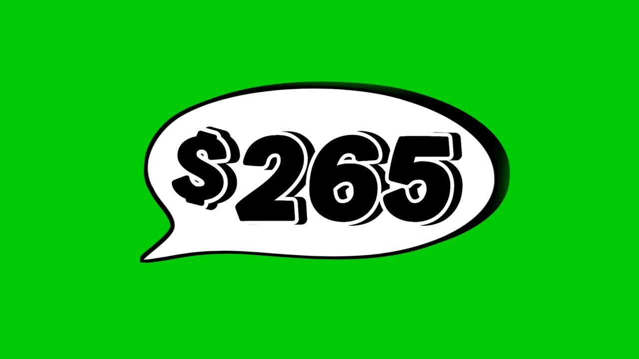 Greenscreen-animation af prisen $265 i en taleboble. Perfekt til salg, annoncer eller promo-videoer. Nem at bruge og tilpasse i dine projekters videoelement.