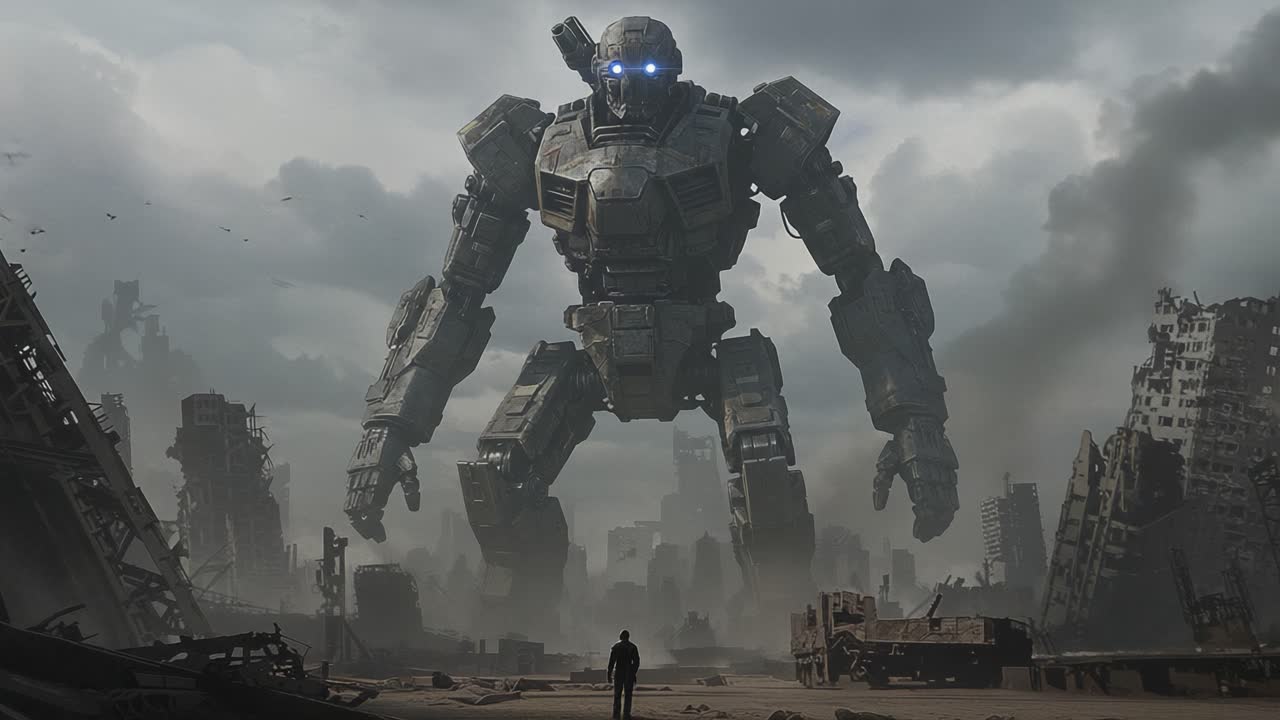 A colossal robotic giant looms over a desolate urban landscape as a lone figure stands in its shadow, evoking themes of isolation and the impact of technology on humanity