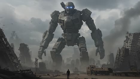 a colossal robotic giant looms over a desolate urban landscape as a lone figure stands in its shadow, evoking themes of isolation and the impact of technology on humanity