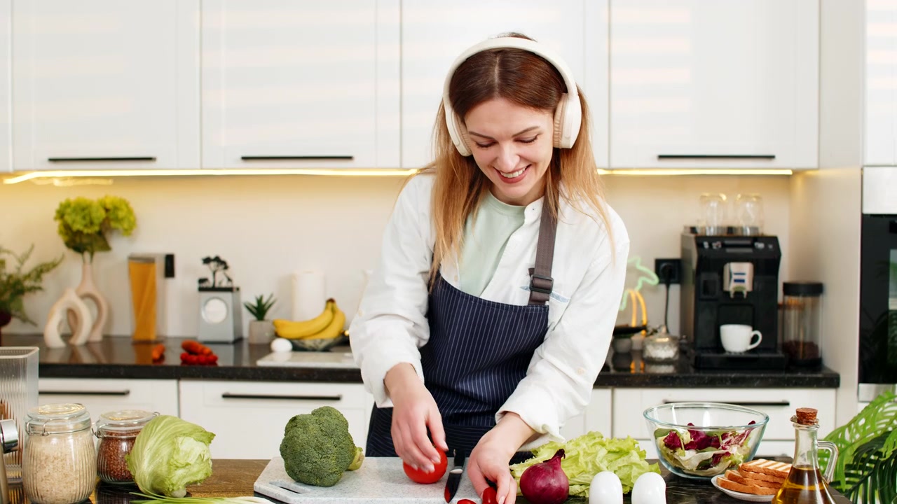 Donna di mezza età che balla nella cucina di casa con gli auricolari, mescolando pomodori per la preparazione di un pasto sano.