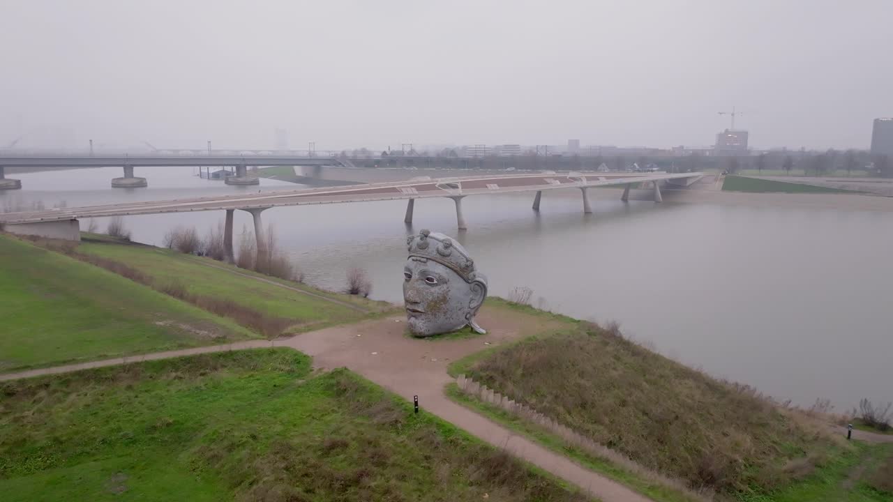 Wide orbit drone shot of the Gezicht van Nijmegen between Lent and Nijmegen City