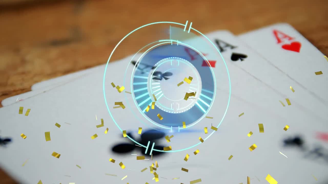 animación de confeti, escaneo de alcance con cartas de juego