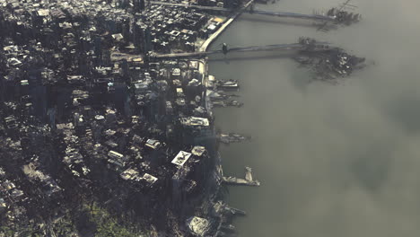 aerial view of a dense urban cityscape with rivers and bridges