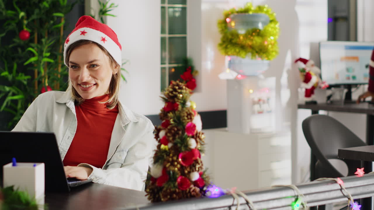 Festive Woman Working in Christmas Office