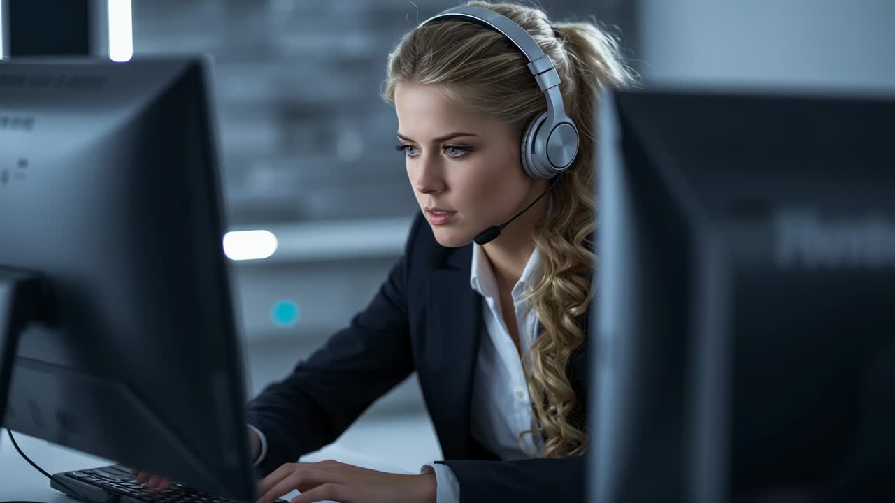 Service agent in blazer and headset receiving customer call and typing replies on keyboard at desk