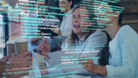 animation of multicolored computer language over diverse coworkers discussing while drinking coffee