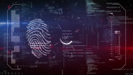animation of ai data processing over biometric fingerprint and dark background