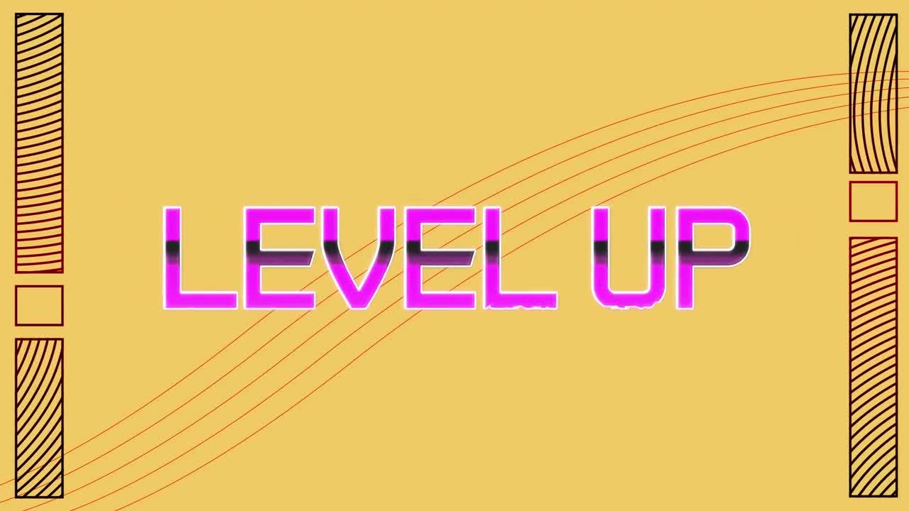 노란색 배경에 패턴을 가진 연결 위의 레벨 업 텍스트의 애니메이션