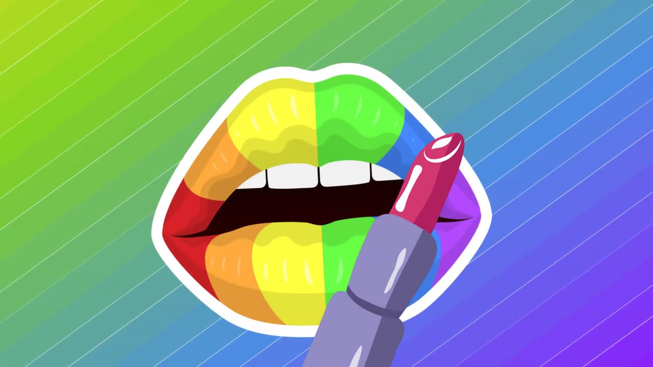 다채로운 배경에 무지개 입술 위에 립스틱의 애니메이션