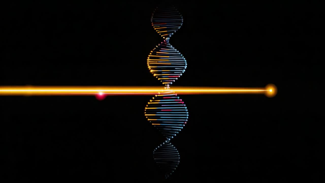A Striking Visual Representation of DNA Structure Illuminated by Vibrant Light beams, Showcasing the Intricate Helix and Colorful Particles, Captivating the Essence of Genetic Information