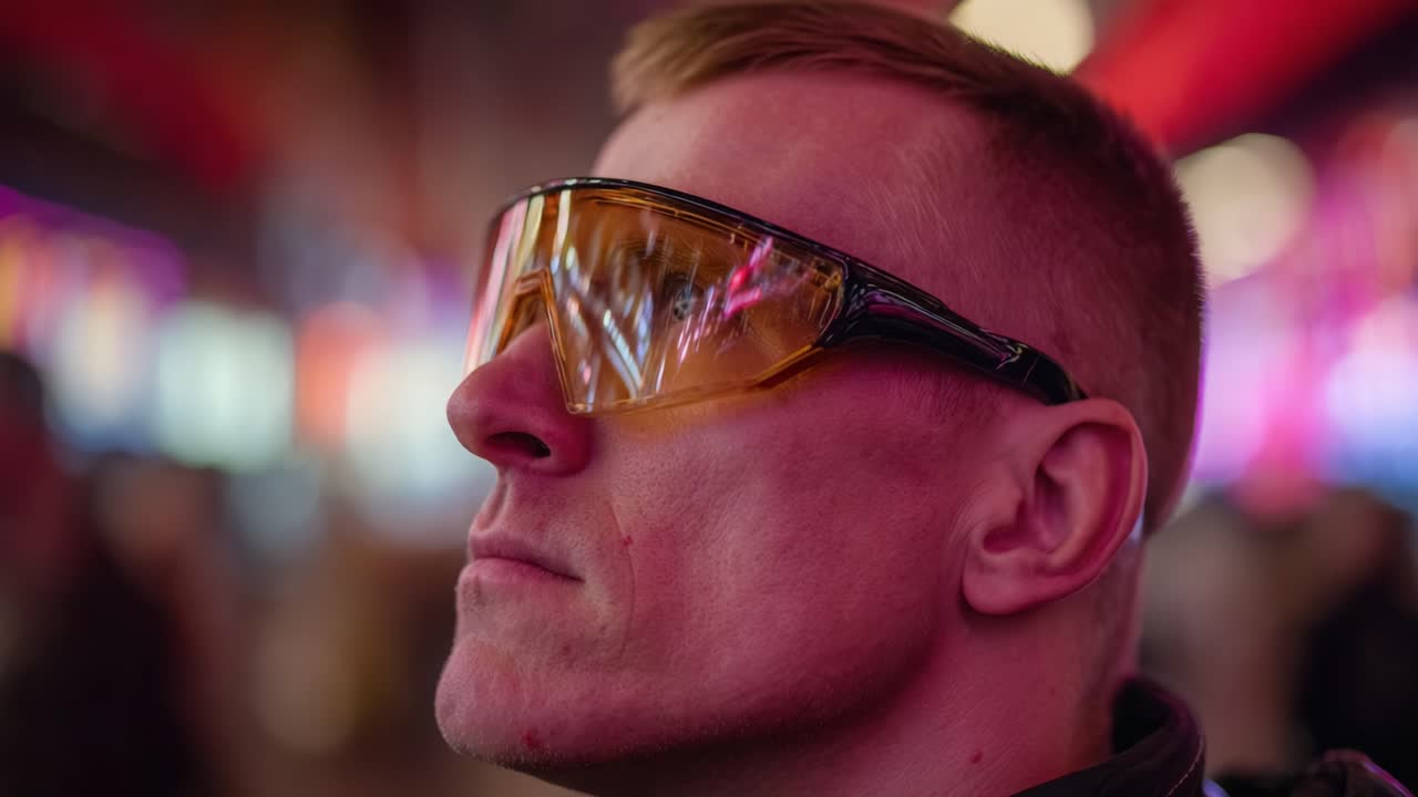 A Close-Up Perspective of an Individual Wearing Stylish Sunglasses, Portraying a Sense of Confidence and Trendiness Amidst a Vibrant and Colorful Urban Background