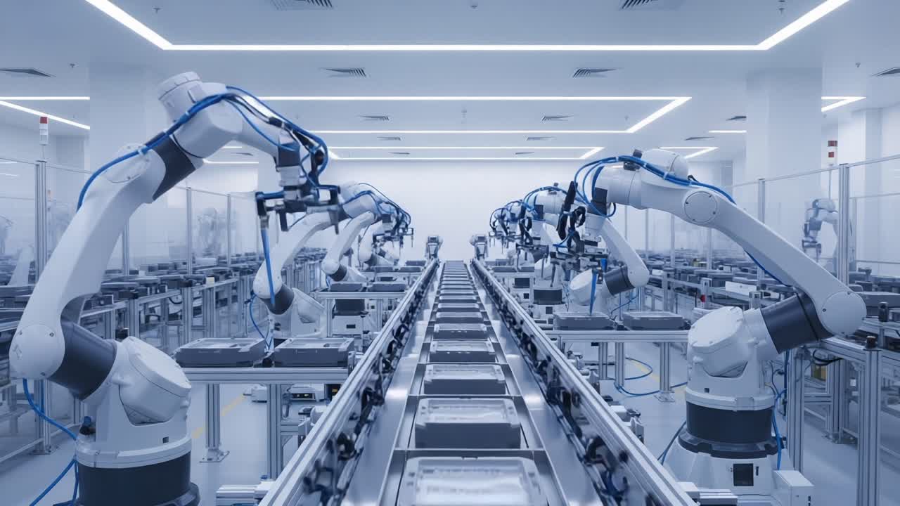 Advanced Robotics in a Modern Automated Manufacturing Facility: Showcasing Precision Engineering and Efficiency in Industrial Automation with Robotic Arms