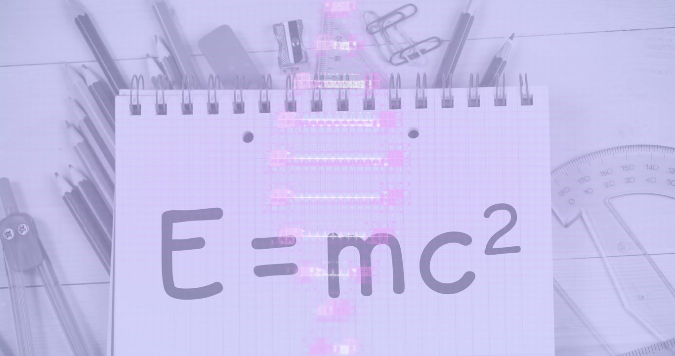 Animation of dna strand, data processing over school text and items