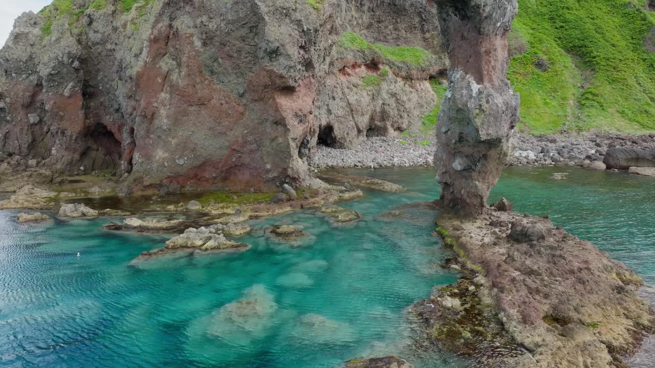 Panoramic view at Secret Caves in Shakotan Beach, Hokkaido Japan, Aerial reveals capes details