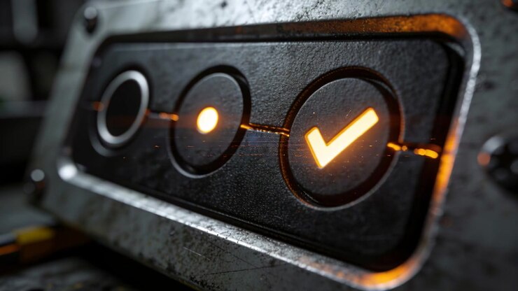 Showing metal panel with amber check, streak sweeping buttons in machine bay, sparking completion