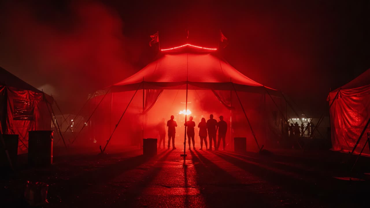 Mysterious Gathering: Figures Silhouetted Against a Red-Tinted Tent in a Foggy Night Scene, Emanating an Air of Intrigue and Anticipation