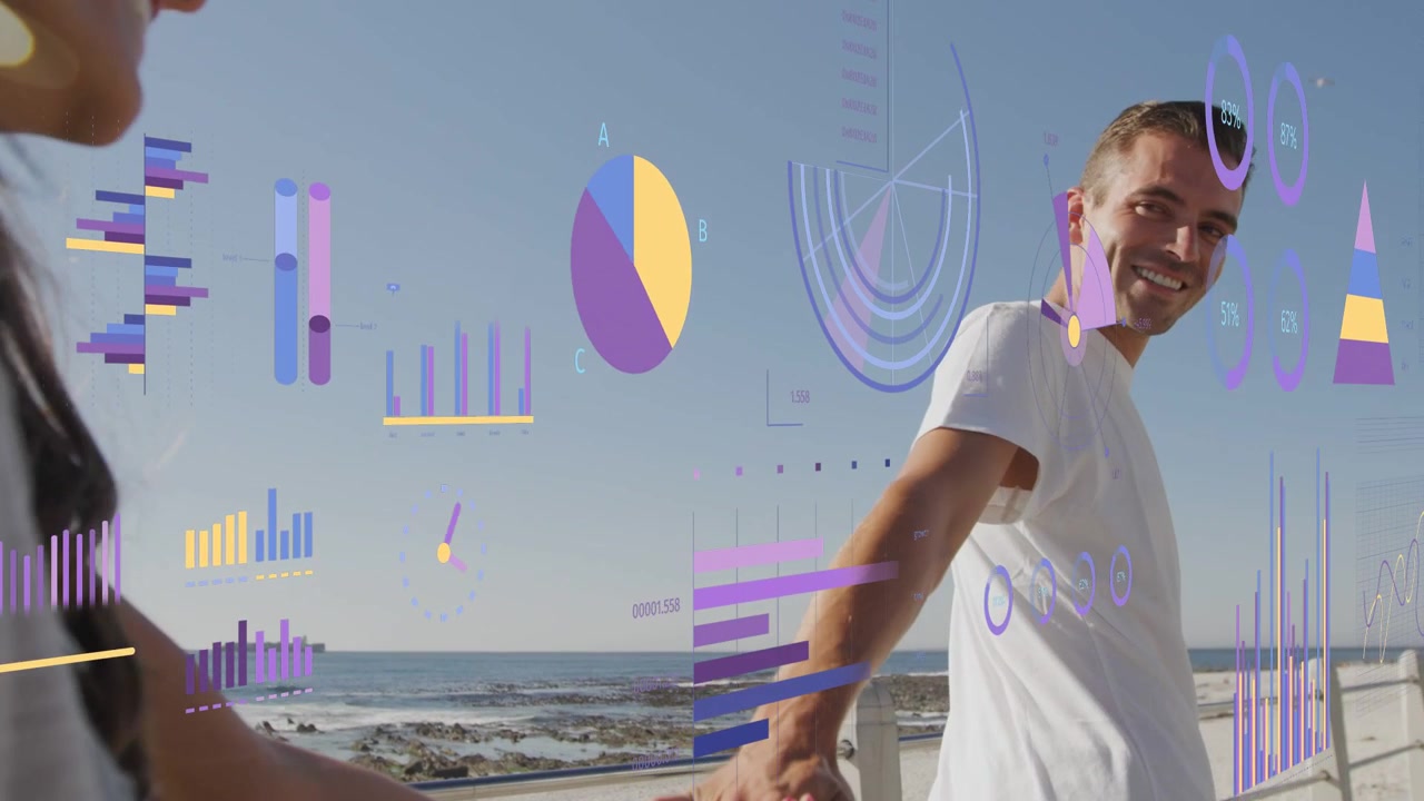Man grasping partner's hand leading coastal promenade, animated tech data charts shifting aside