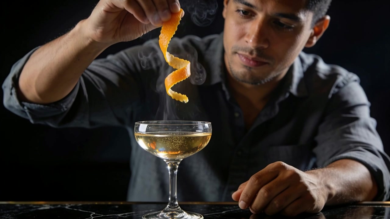 Bartender i mørk skjorte brænder appelsinskal og fører den over et coupe-glas i baren, så der frigives røg