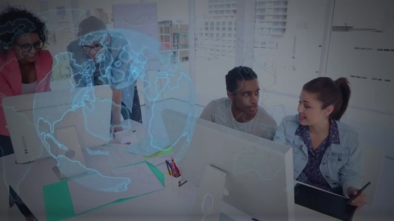 Animation of global network processing data over diverse colleagues working at computer in office
