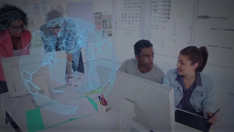 animation of global network processing data over diverse colleagues working at computer in office