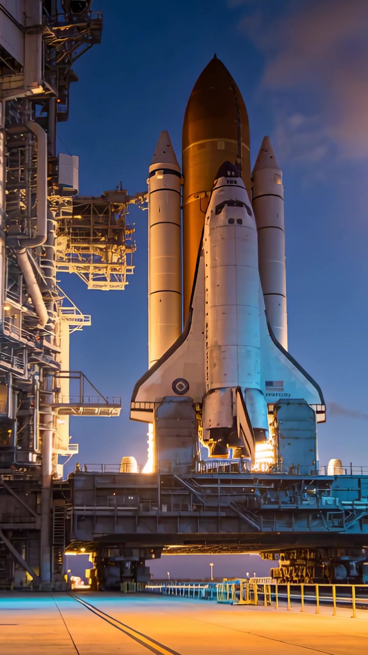 Vertical video: Switching on lights bathing orbiter tank SRBs at pad showing venting for launch