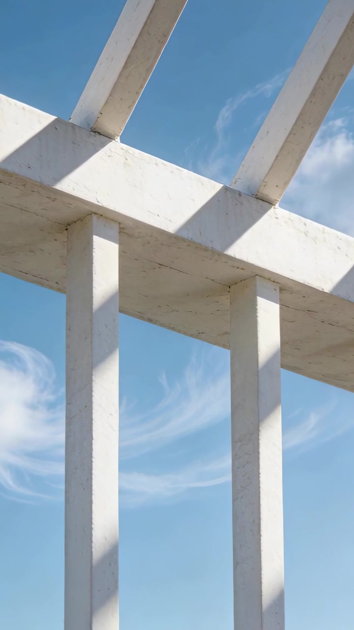 Vertical video: Camera panning right and up, pergola showing shifting angled shadows for design