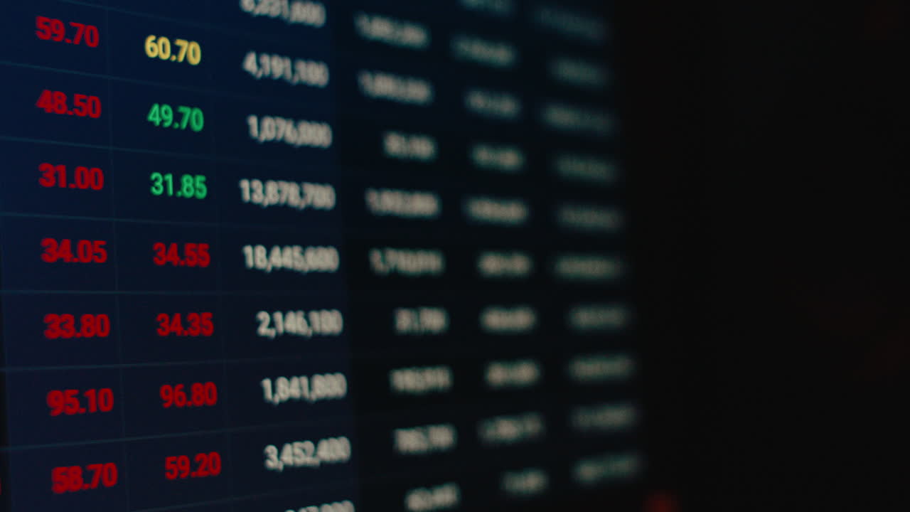 Eine filmische, unscharfe Nahaufnahme eines digitalen Bildschirms, der Reihen von roten Finanzdaten und Zahlen anzeigt, die Marktverluste oder einen Börsencrash symbolisieren.