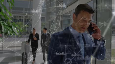 animation of networks of connections over mixed race businessman talking on smartphone