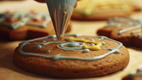 artistry in action: decorating delicious cookies with icing and colorful designs in a close-up video showcase of culinary creativity