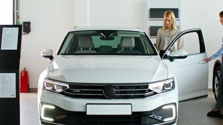 Donna che guarda un'auto in uno showroom
