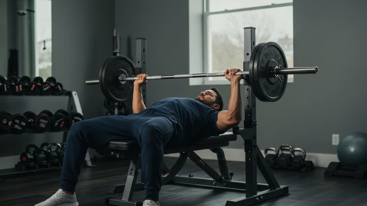 A dedicated individual performing a bench press exercise in a modern gym setting, showcasing strength training with proper form and equipment for muscle development.