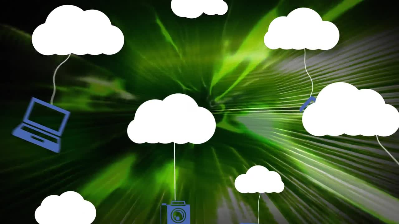 animación de iconos de medios con nubes en fondo verde en movimiento