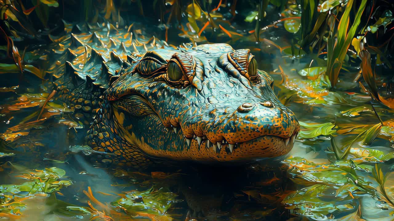 Gaze of the alligator close-up of reptile with sharp teeth among lily pads