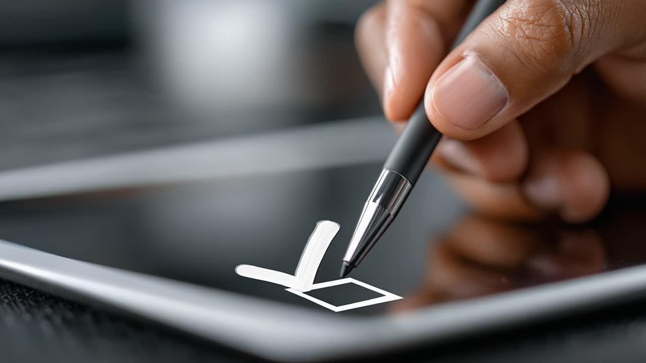 A Close-Up of a Hand Holding a Pen Ticking Off Checkboxes on a Digital Tablet, Representing Progress and Task Completion in a Modern Context