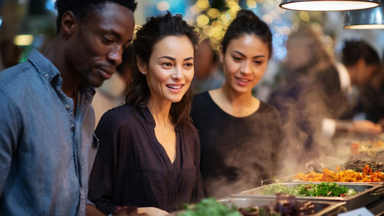 Una deliziosa esperienza culinaria: tre amici che gustano una serie di piatti colorati in un vivace mercato alimentare, circondati da un'atmosfera briosa e una luce soffusa e ambientale che crea un'atmosfera accogliente