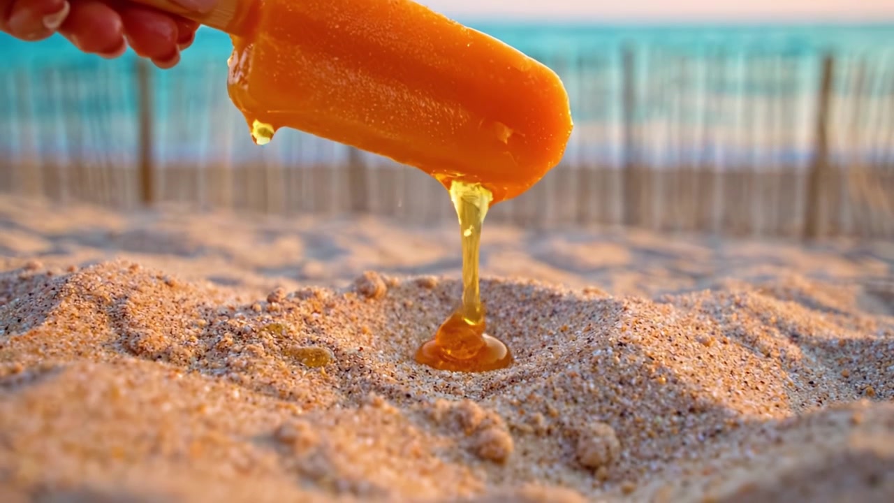 Ghiacciolo colorato che si scioglie su una spiaggia sabbiosa al tramonto, catturando l'essenza del relax e del divertimento estivo con le onde dell'oceano sullo sfondo.