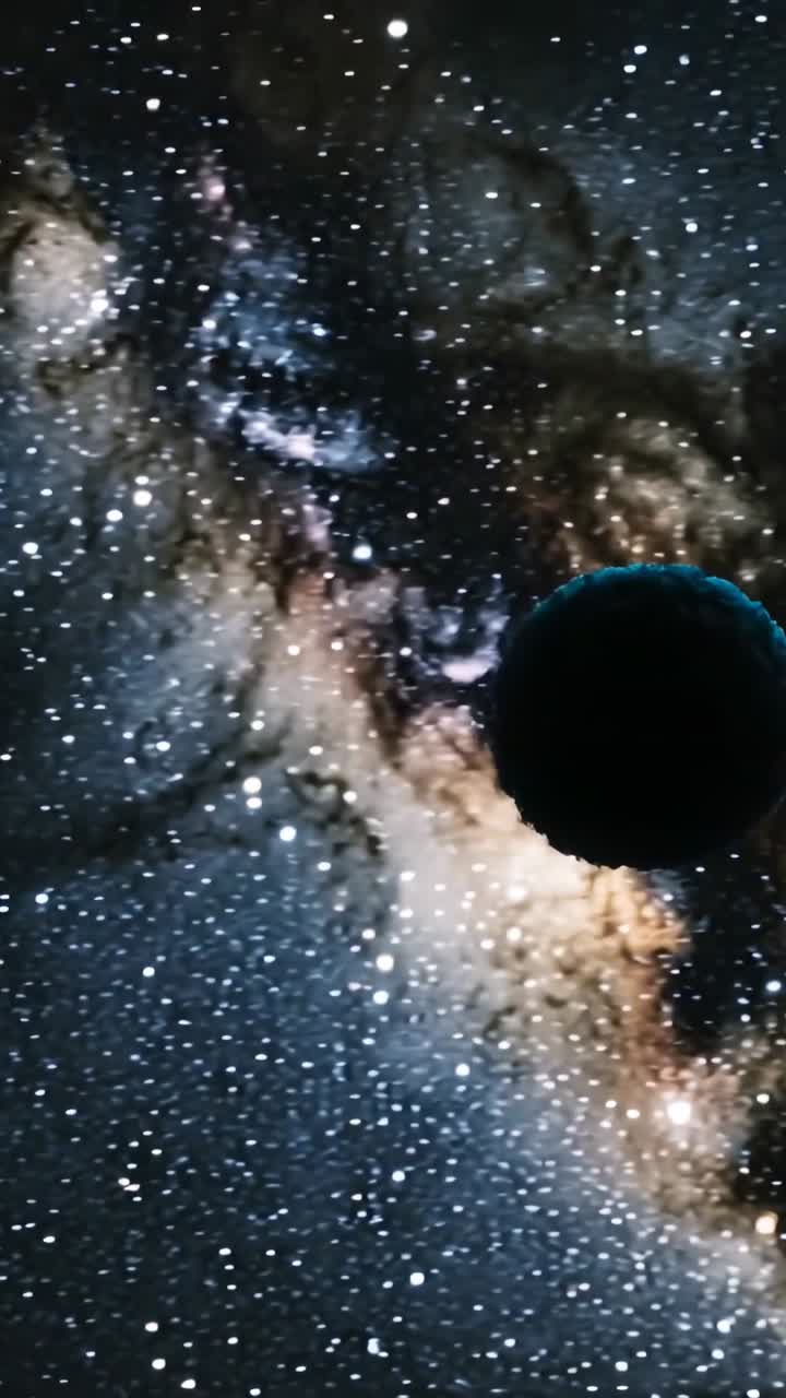 Vertical video: Showing after start, dark sphere moving in deep space, cyan rim, nebula, copy space