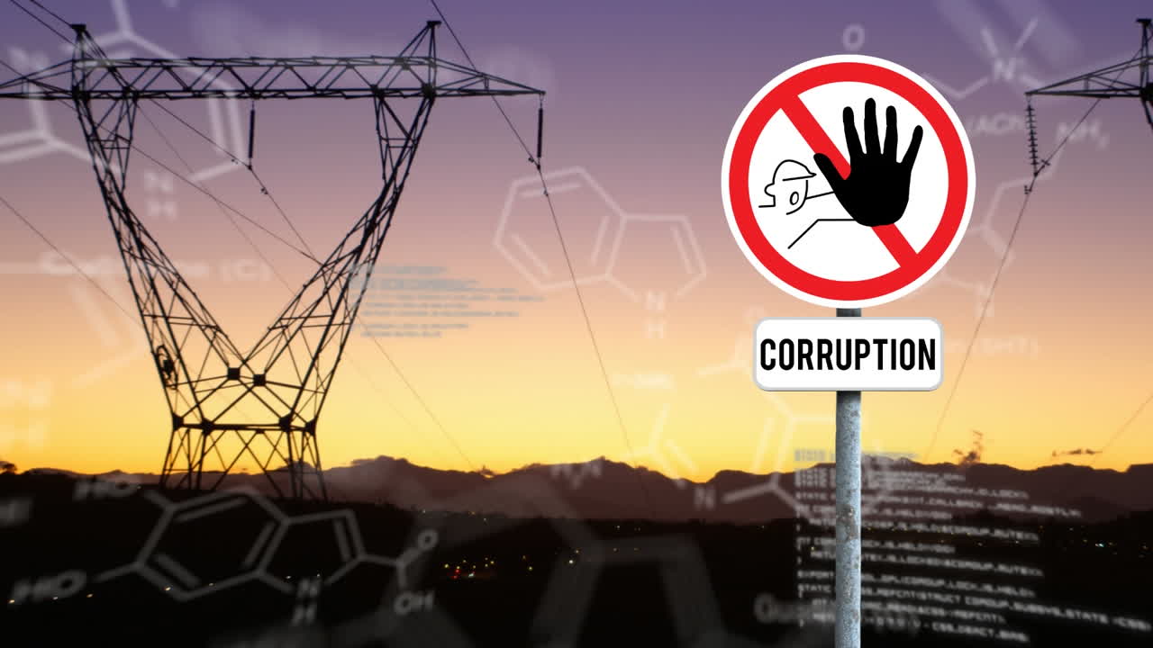 스 커션 표지판, 화학 구조, 네트워크 타워에 대한 데이터 처리의 애니메이션