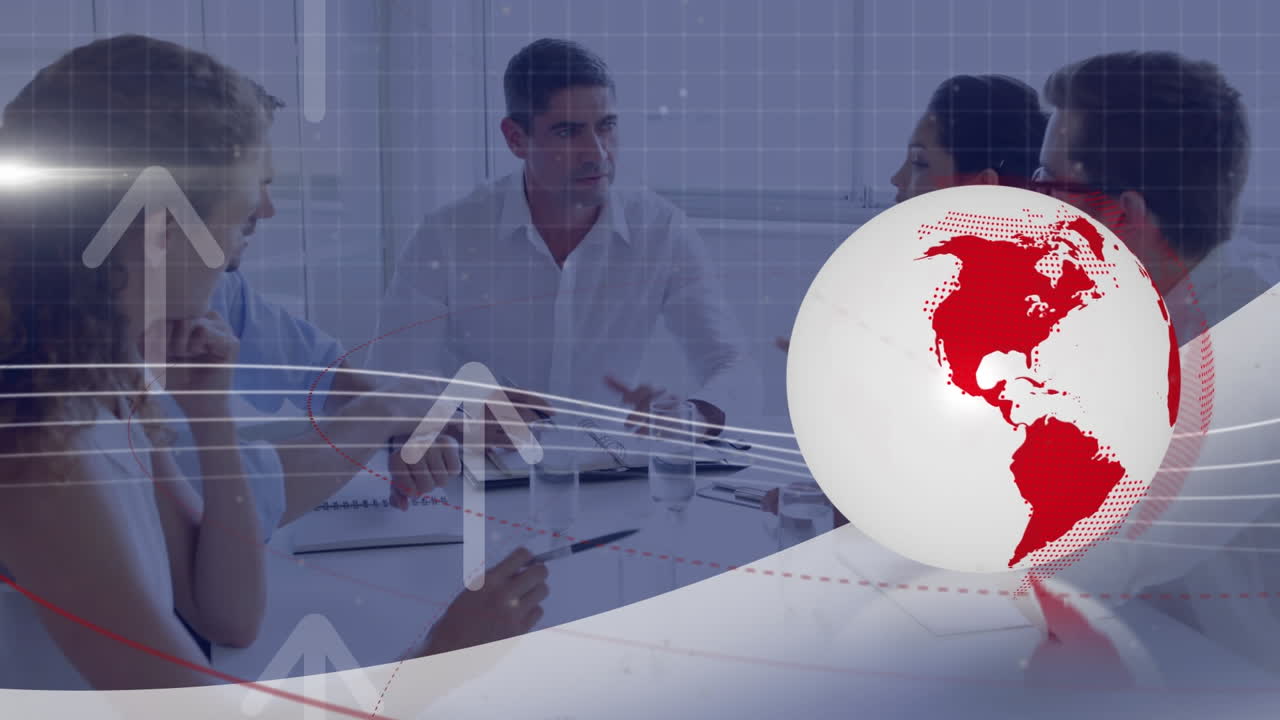 animación del globo con conexiones y flechas sobre la reunión de negocios