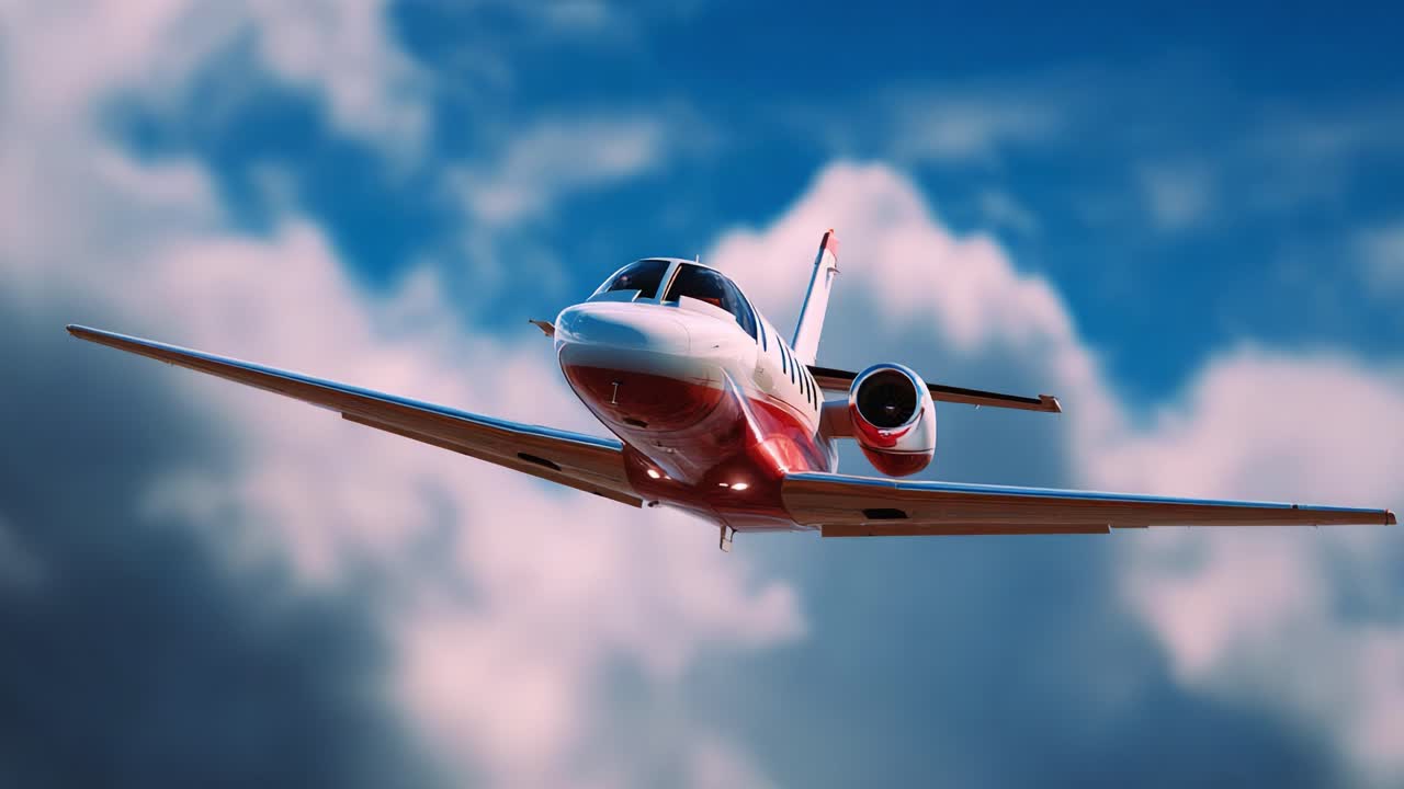 Un elegante aereo a reazione che solca un cielo spettacolare, mettendo in mostra il suo design e la sua ingegneria su uno sfondo di nuvole vivaci e tonalità di blu