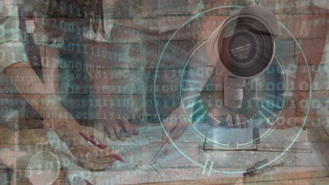 animation of security camera and binary code over hands of caucasian businesspeople working